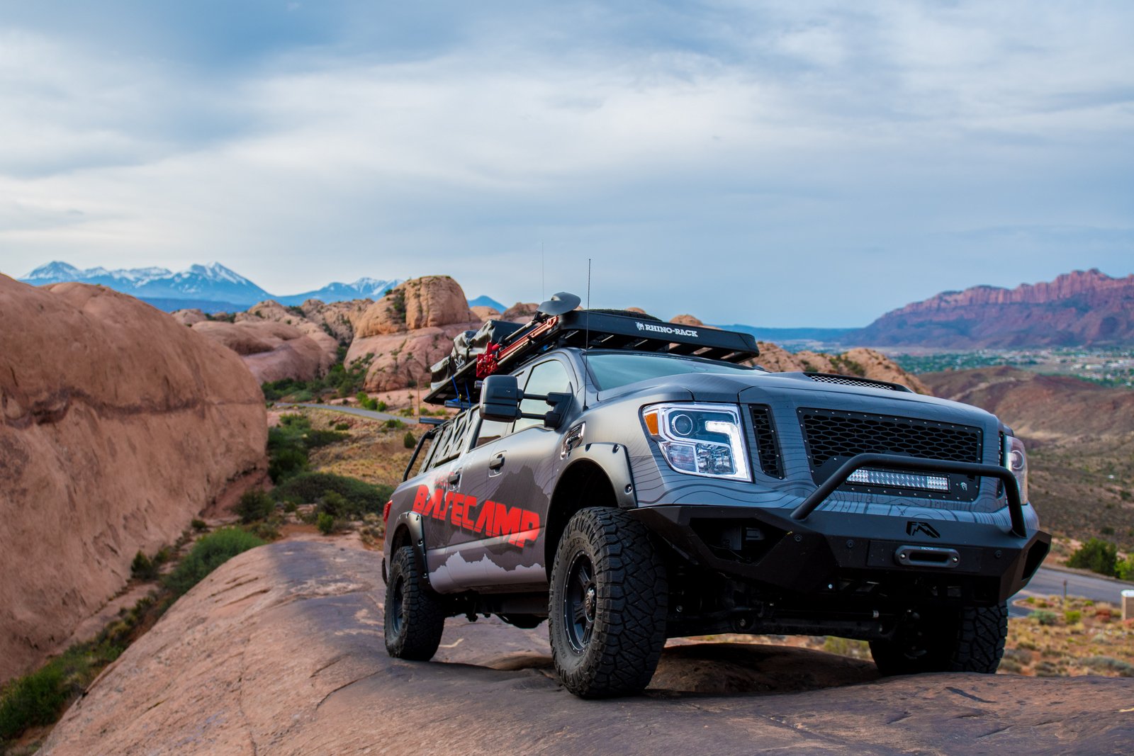 The Nissan TITAN XD PRO-4X Project Basecamp, designed for self-sustaining exploration of backcountry, is capable of taking on any climate or terrain in its path. It’s built on the foundation of a rugged Nissan TITAN XD PRO-4X, anchored by a powerful Cummins® 5.0L V8 Turbo Diesel rated at 310 horsepower and a hefty 555 lb-ft of torque. Key modifications include 3-inch lift kit, bed cage, stargazer tent, light bar and 35-inch tires.