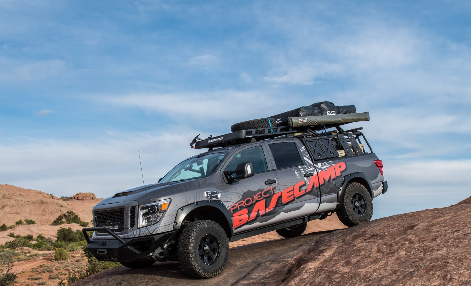 The Nissan TITAN XD PRO-4X Project Basecamp, designed for self-sustaining exploration of backcountry, is capable of taking on any climate or terrain in its path. It’s built on the foundation of a rugged Nissan TITAN XD PRO-4X, anchored by a powerful Cummins® 5.0L V8 Turbo Diesel rated at 310 horsepower and a hefty 555 lb-ft of torque. Key modifications include 3-inch lift kit, bed cage, stargazer tent, light bar and 35-inch tires.