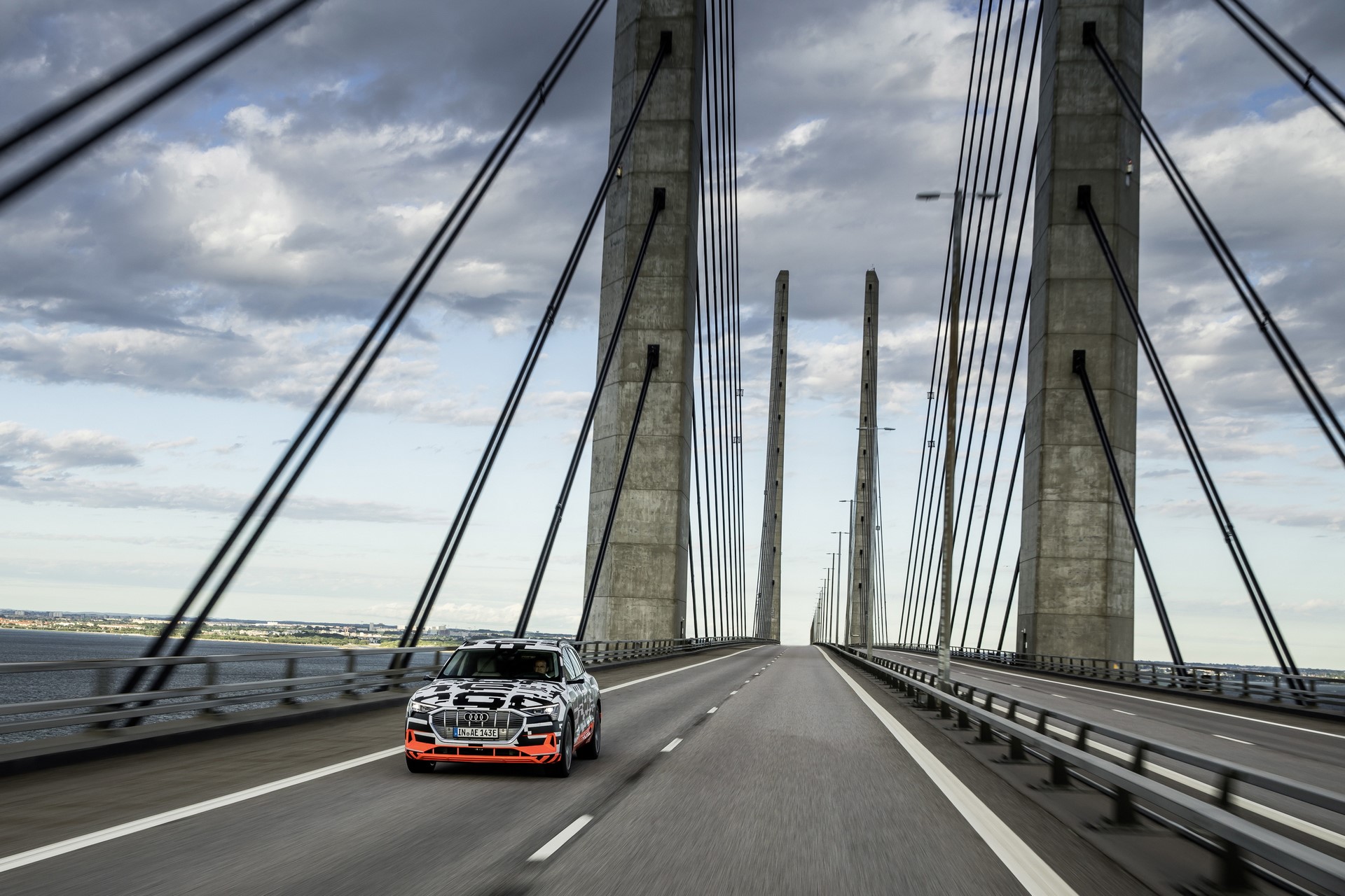 The Audi e-tron prototype on the Öresund Bridge