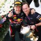 SAKHIR, BAHRAIN - APRIL 22:  Sebastian Vettel (L) of Germany and Red Bull Racing celebrates on the podium with his Team Principal Christian Horner (R) after winning the Bahrain Formula One Grand Prix at the Bahrain International Circuit on April 22, 2012 in Sakhir, Bahrain.  (Photo by Mark Thompson/Getty Images)