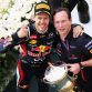 SAKHIR, BAHRAIN - APRIL 22:  Sebastian Vettel (L) of Germany and Red Bull Racing celebrates on the podium with his Team Principal Christian Horner (R) after winning the Bahrain Formula One Grand Prix at the Bahrain International Circuit on April 22, 2012 in Sakhir, Bahrain.  (Photo by Mark Thompson/Getty Images)