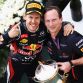 SAKHIR, BAHRAIN - APRIL 22:  Sebastian Vettel (L) of Germany and Red Bull Racing celebrates on the podium with his Team Principal Christian Horner (R) after winning the Bahrain Formula One Grand Prix at the Bahrain International Circuit on April 22, 2012 in Sakhir, Bahrain.  (Photo by Mark Thompson/Getty Images)