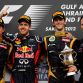 SAKHIR, BAHRAIN - APRIL 22:  Race winner Sebastian Vettel (2nd left) of Germany and Red Bull Racing celebrates on the podium with second placed Kimi Raikkonen (left) of Finland and Lotus, third placed Romain Grosjean (2nd right) of France and Lotus and Red Bull Racing Team Principal Christian Horner (right) following the Bahrain Formula One Grand Prix at the Bahrain International Circuit on April 22, 2012 in Sakhir, Bahrain.  (Photo by Paul Gilham/Getty Images)