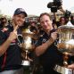 SAKHIR, BAHRAIN - APRIL 22:  Sebastian Vettel (L) of Germany and Red Bull Racing celebrates with his Team Principal Christian Horner (R) in the paddock after winning the Bahrain Formula One Grand Prix at the Bahrain International Circuit on April 22, 2012 in Sakhir, Bahrain.  (Photo by Clive Mason/Getty Images)