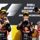 SPA FRANCORCHAMPS, BELGIUM - AUGUST 28:  Race winner Sebastian Vettel (2nd R) of Germany and Red Bull Racing celebrates with third placed Jenson Button (R) of Great Britain and McLaren, second placed Mark Webber (2nd L) of Australia and Red Bull Racing and Red Bull Racing Chief Technical Officer Adrian Newey (L) on the podium after the Belgian Formula One Grand Prix at the Circuit of Spa Francorchamps on August 28, 2011 in Spa Francorchamps, Belgium.  (Photo by Vladimir Rys/Getty Images)