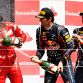 NORTHAMPTON, UNITED KINGDOM - JULY 10:  Race winner Fernando Alonso (L) of Spain and Ferrari celebrates on the podium with second placed Sebastian Vettel (R) of Germany and Red Bull Racing and third placed Mark Webber (C) of Australia and Red Bull Racing following the British Formula One Grand Prix at the Silverstone Circuit on July 10, 2011 in Northampton, England.  (Photo by Mark Thompson/Getty Images)