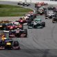 MONTREAL, CANADA - JUNE 10:  Sebastian Vettel of Germany and Red Bull Racing leads the field into the first corner at the start of the Canadian Formula One Grand Prix at the Circuit Gilles Villeneuve on June 10, 2012 in Montreal, Canada.  (Photo by Mark Thompson/Getty Images)