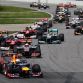 MONTREAL, CANADA - JUNE 10:  Sebastian Vettel of Germany and Red Bull Racing leads the field into the first corner at the start of the Canadian Formula One Grand Prix at the Circuit Gilles Villeneuve on June 10, 2012 in Montreal, Canada.  (Photo by Mark Thompson/Getty Images)