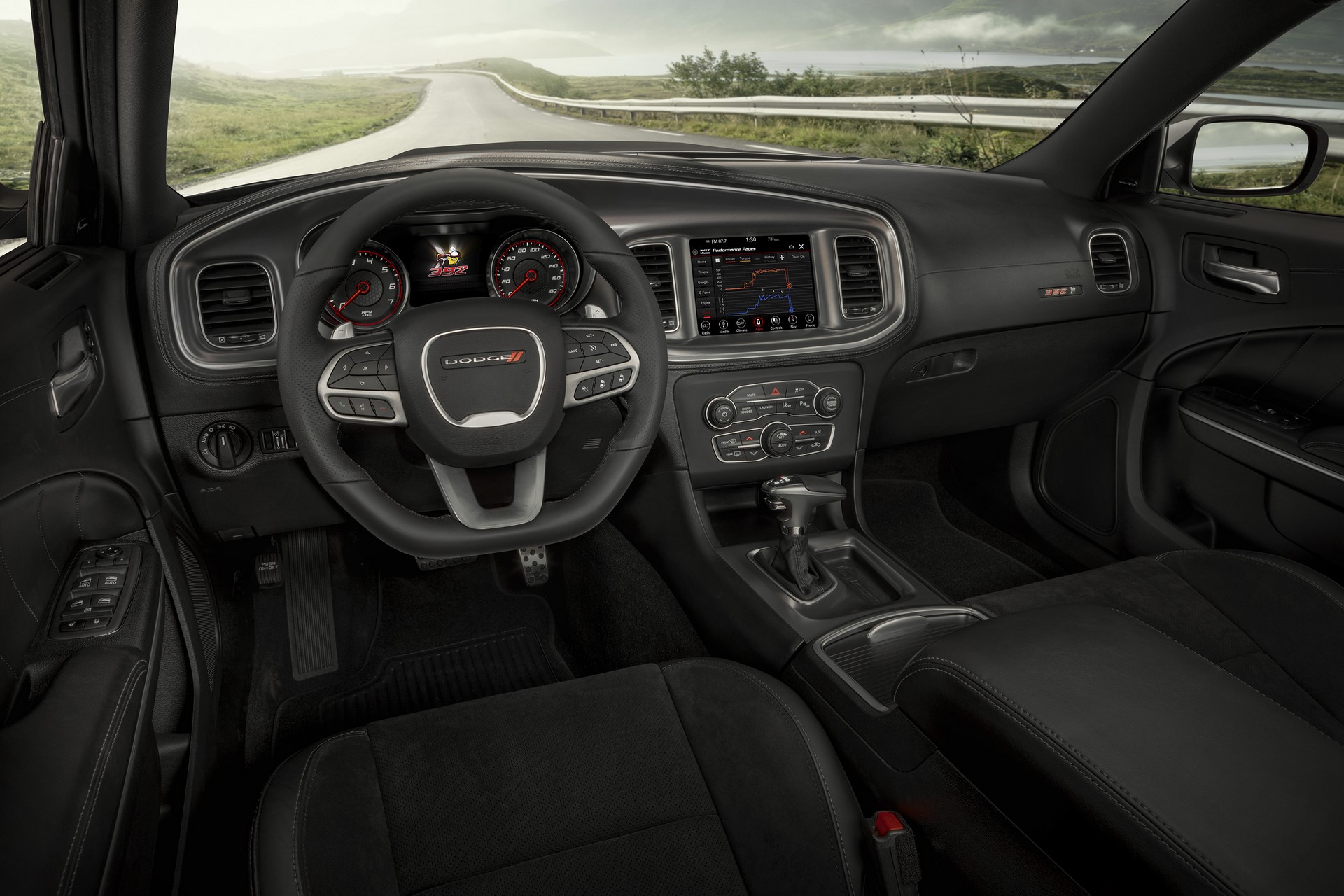 The 2020 Dodge Charger Scat Pack Widebody features an available new leather flat-bottom steering wheel