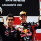 BARCELONA, SPAIN - MAY 22:  Sebastian Vettel of Germany and Red Bull Racing celebrates on the podium with Red Bull Racing Head of Aerodynamics Peter Prodromou after winning the Spanish Formula One Grand Prix at the Circuit de Catalunya on May 22, 2011 in Barcelona, Spain.  (Photo by Mark Thompson/Getty Images)