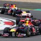 NUERBURG, GERMANY - JULY 24:  Mark Webber of Australia and Red Bull Racing leads from Fernando Alonso of Spain and Ferrari and Sebastian Vettel of Germany and Red Bull Racing during the German Formula One Grand Prix at the Nurburgring on July 24, 2011 in Nuerburg, Germany.  (Photo by Clive Mason/Getty Images)