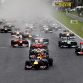 BUDAPEST, HUNGARY - JULY 31:  Sebastian Vettel of Germany and Red Bull Racing leads into the first corner at the start of the Hungarian Formula One Grand Prix at the Hungaroring on July 31, 2011 in Budapest, Hungary.  (Photo by Mark Thompson/Getty Images)