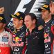 YEONGAM-GUN, SOUTH KOREA - OCTOBER 16:  Race winner Sebastian Vettel (2nd left) of Germany and Red Bull Racing celebrates with his Team Principal Christian Horner (2nd right), second placed Lewis Hamilton (left) of Great Britain and McLaren and third placed Mark Webber (right) of Australia and Red Bull Racing following the Korean Formula One Grand Prix at the Korea International Circuit on October 16, 2011 in Yeongam-gun, South Korea.  (Photo by Clive Mason/Getty Images)
