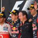 YEONGAM-GUN, SOUTH KOREA - OCTOBER 16:  Race winner Sebastian Vettel (2nd left) of Germany and Red Bull Racing celebrates with his Team Principal Christian Horner (2nd right), second placed Lewis Hamilton (left) of Great Britain and McLaren and third placed Mark Webber (right) of Australia and Red Bull Racing following the Korean Formula One Grand Prix at the Korea International Circuit on October 16, 2011 in Yeongam-gun, South Korea.  (Photo by Clive Mason/Getty Images)