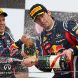 YEONGAM-GUN, SOUTH KOREA - OCTOBER 16:  Race winner Sebastian Vettel (L) of Germany and Red Bull Racing celebrates on the podium with third placed team mate Mark Webber of Australia and Red Bull Racing following the Korean Formula One Grand Prix at the Korea International Circuit on October 16, 2011 in Yeongam-gun, South Korea.  (Photo by Clive Mason/Getty Images)