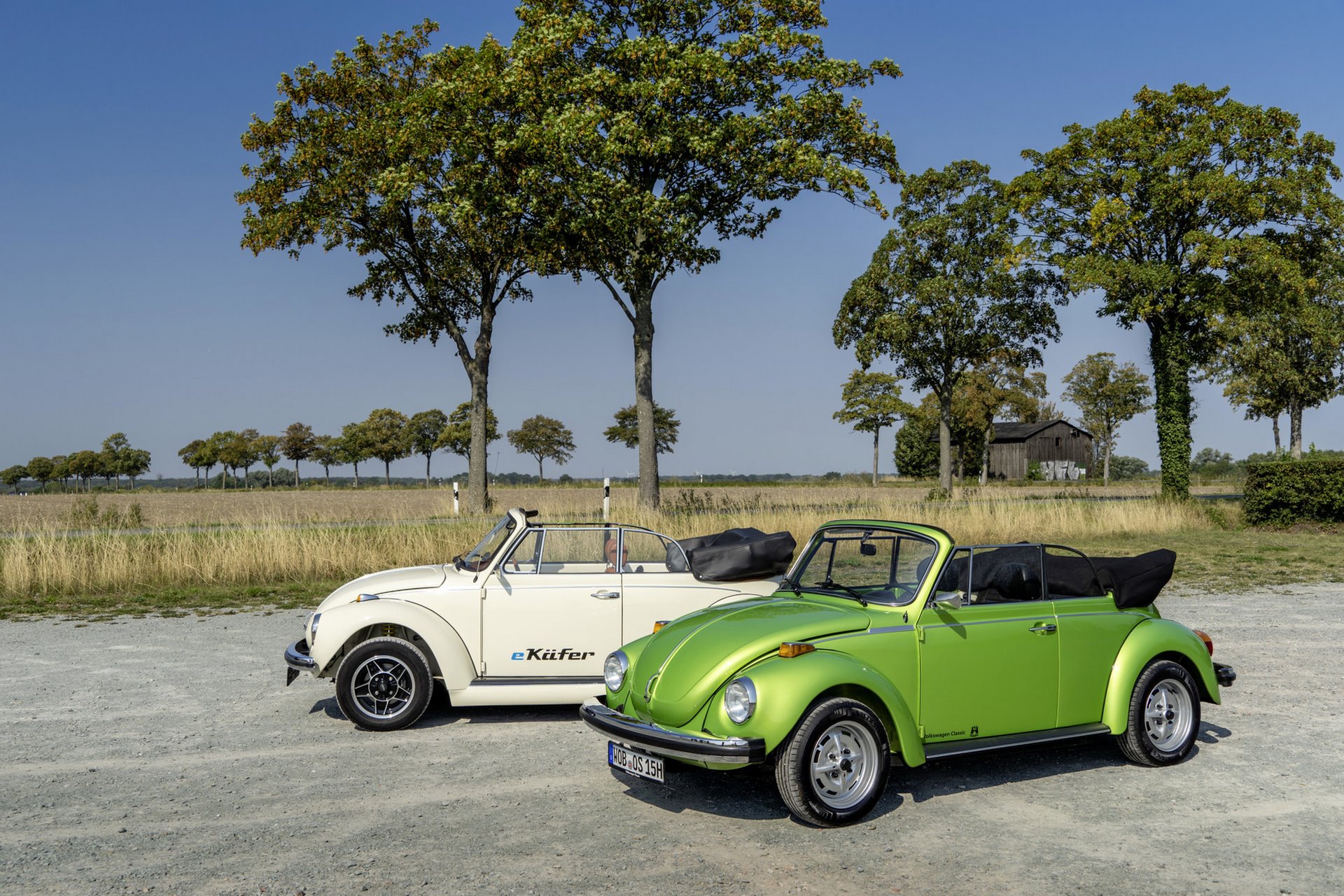 The e-Beetle and a green Beetle with boxer engine